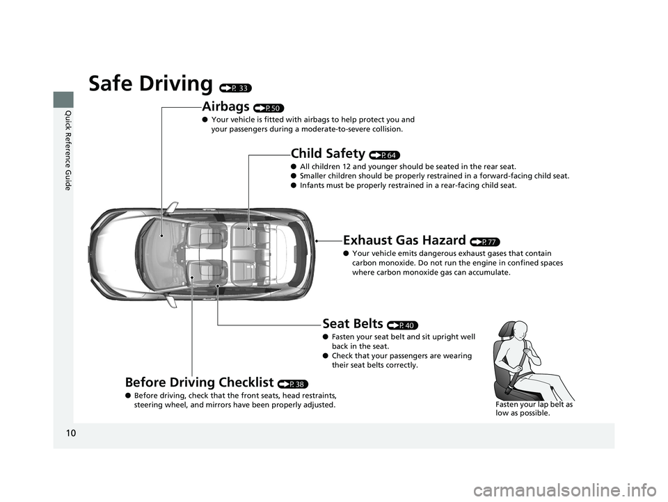 HONDA HR-V 2019 (in English) User Guide 10
Quick Reference Guide
Safe Driving (P 33)
Airbags (P50)
● Your vehicle is fitted with ai rbags to help protect you and
your passengers during a moderate-to-severe collision.
Child Safety (P64)
HONDA HR-V 2019 (in English) User Guide 10
Quick Reference Guide
Safe Driving (P 33)
Airbags (P50)
● Your vehicle is fitted with ai rbags to help protect you and
your passengers during a moderate-to-severe collision.
Child Safety (P64)
