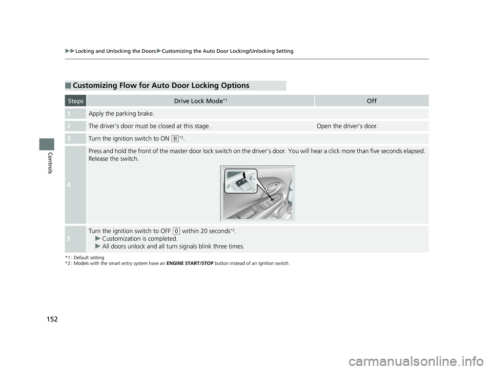 HONDA HR-V 2019 Owners Manual (in English) 152
uuLocking and Unlocking the Doors uCustomizing the Auto Door Locking/Unlocking Setting
Controls
*1 : Default setting
*2 : Models with the smart entry system have an ENGINE START/STOP button inste HONDA HR-V 2019 Owners Manual (in English) 152
uuLocking and Unlocking the Doors uCustomizing the Auto Door Locking/Unlocking Setting
Controls
*1 : Default setting
*2 : Models with the smart entry system have an ENGINE START/STOP button inste