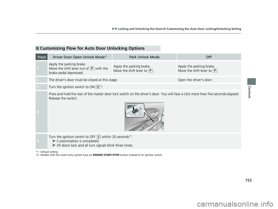 HONDA HR-V 2019 Owners Manual (in English) 153
uuLocking and Unlocking the Doors uCustomizing the Auto Door Locking/Unlocking Setting
Controls
*1 : Default setting
*2 : Models with the smart entry system have an ENGINE START/STOP button inste HONDA HR-V 2019 Owners Manual (in English) 153
uuLocking and Unlocking the Doors uCustomizing the Auto Door Locking/Unlocking Setting
Controls
*1 : Default setting
*2 : Models with the smart entry system have an ENGINE START/STOP button inste