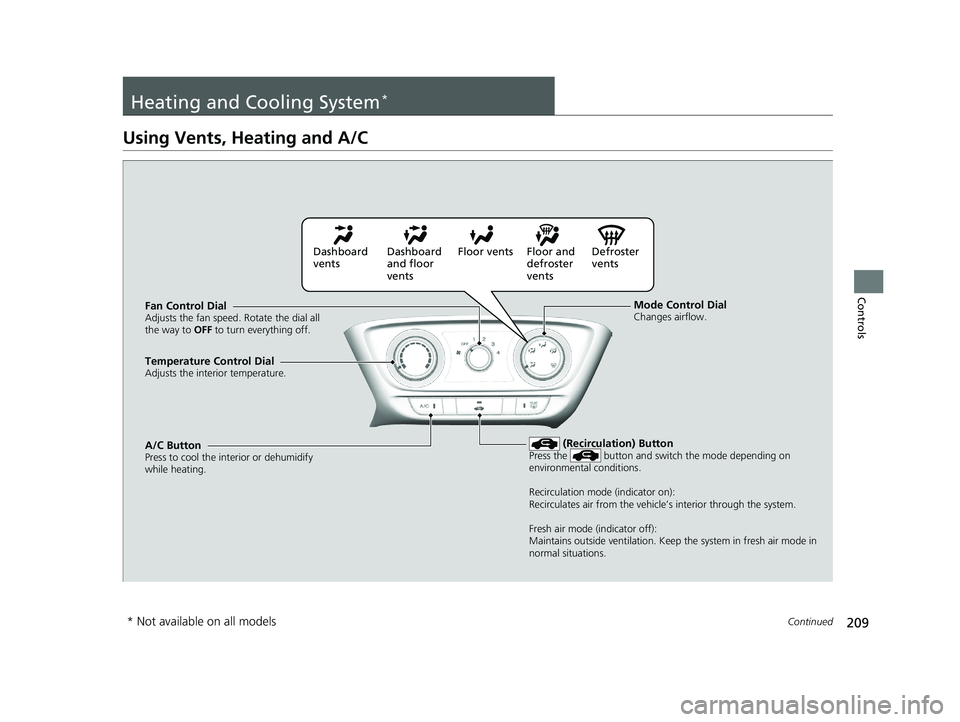 HONDA HR-V 2019 Owners Manual (in English) 209Continued
Controls
Heating and Cooling System*
Using Vents, Heating and A/C
Mode Control DialChanges airflow.Fan Control DialAdjusts the fan speed. Rotate the dial all
the way to OFF to turn every HONDA HR-V 2019 Owners Manual (in English) 209Continued
Controls
Heating and Cooling System*
Using Vents, Heating and A/C
Mode Control DialChanges airflow.Fan Control DialAdjusts the fan speed. Rotate the dial all
the way to OFF to turn every