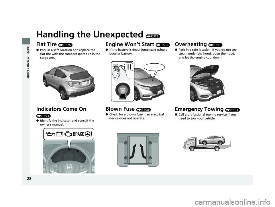 HONDA HR-V 2019 (in English) Owners Guide 28
Quick Reference Guide
Handling the Unexpected (P573)
Flat Tire (P576)
● Park in a safe location and replace the
flat tire with the compact spare tire in the
cargo area.
Indicators Come On
(P59 HONDA HR-V 2019 (in English) Owners Guide 28
Quick Reference Guide
Handling the Unexpected (P573)
Flat Tire (P576)
● Park in a safe location and replace the
flat tire with the compact spare tire in the
cargo area.
Indicators Come On
(P59