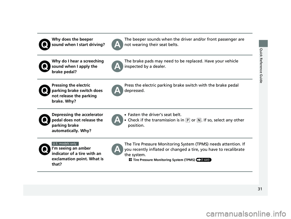 HONDA HR-V 2019 (in English) Owners Guide 31
Quick Reference Guide
Why does the beeper
sound when I start driving?The beeper sounds when the driver and/or front passenger are
not wearing their seat belts.
Why do I hear a screeching
sound w HONDA HR-V 2019 (in English) Owners Guide 31
Quick Reference Guide
Why does the beeper
sound when I start driving?The beeper sounds when the driver and/or front passenger are
not wearing their seat belts.
Why do I hear a screeching
sound w