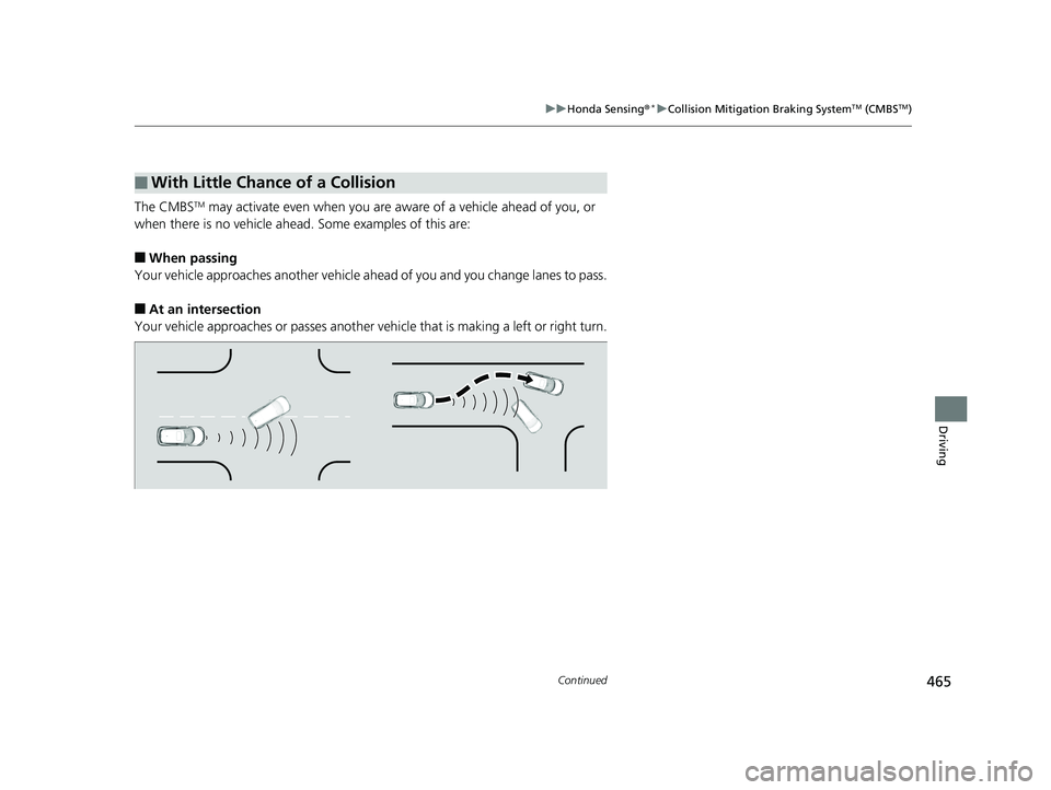 HONDA HR-V 2019 Owners Manual (in English) 465
uuHonda Sensing ®*uCollision Mitigation Braking SystemTM (CMBSTM)
Continued
Driving
The CMBSTM may activate even when you are aware of a vehicle ahead of you, or
when there is no vehicle ahead. HONDA HR-V 2019 Owners Manual (in English) 465
uuHonda Sensing ®*uCollision Mitigation Braking SystemTM (CMBSTM)
Continued
Driving
The CMBSTM may activate even when you are aware of a vehicle ahead of you, or
when there is no vehicle ahead.