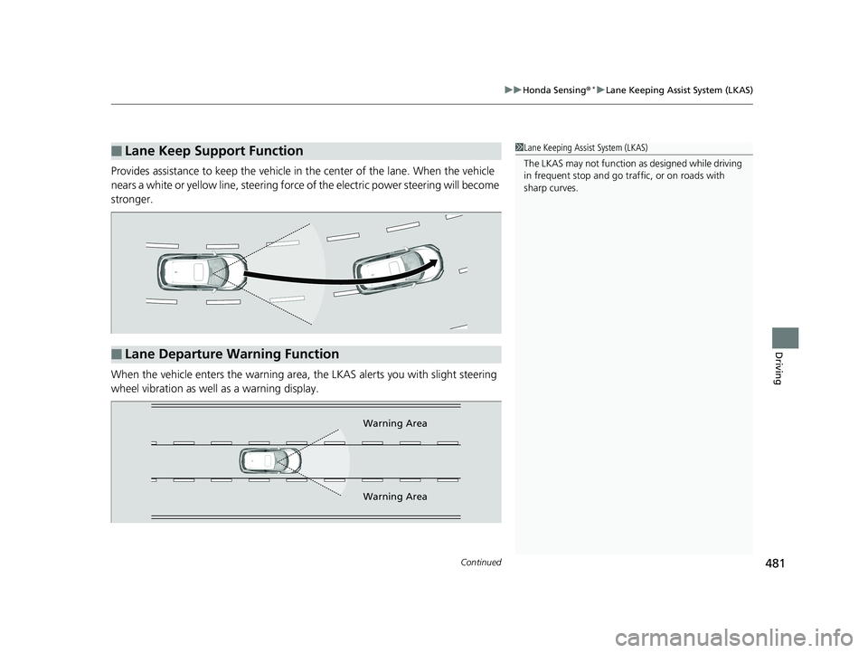 HONDA HR-V 2019 Owners Manual (in English) Continued481
uuHonda Sensing ®*uLane Keeping Assist System (LKAS)
Driving
Provides assistance to keep the vehicle in the center of the lane. When the vehicle
nears a white or yellow line, steering f HONDA HR-V 2019 Owners Manual (in English) Continued481
uuHonda Sensing ®*uLane Keeping Assist System (LKAS)
Driving
Provides assistance to keep the vehicle in the center of the lane. When the vehicle
nears a white or yellow line, steering f