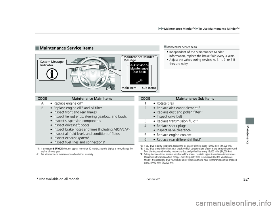 HONDA HR-V 2019 Owners Manual (in English) 521
uuMaintenance MinderTMuTo Use Maintenance MinderTM
Continued
Maintenance
■Maintenance Service Items1Maintenance Service Items
•Independent of the Maintenance Minder
information, replace the b HONDA HR-V 2019 Owners Manual (in English) 521
uuMaintenance MinderTMuTo Use Maintenance MinderTM
Continued
Maintenance
■Maintenance Service Items1Maintenance Service Items
•Independent of the Maintenance Minder
information, replace the b