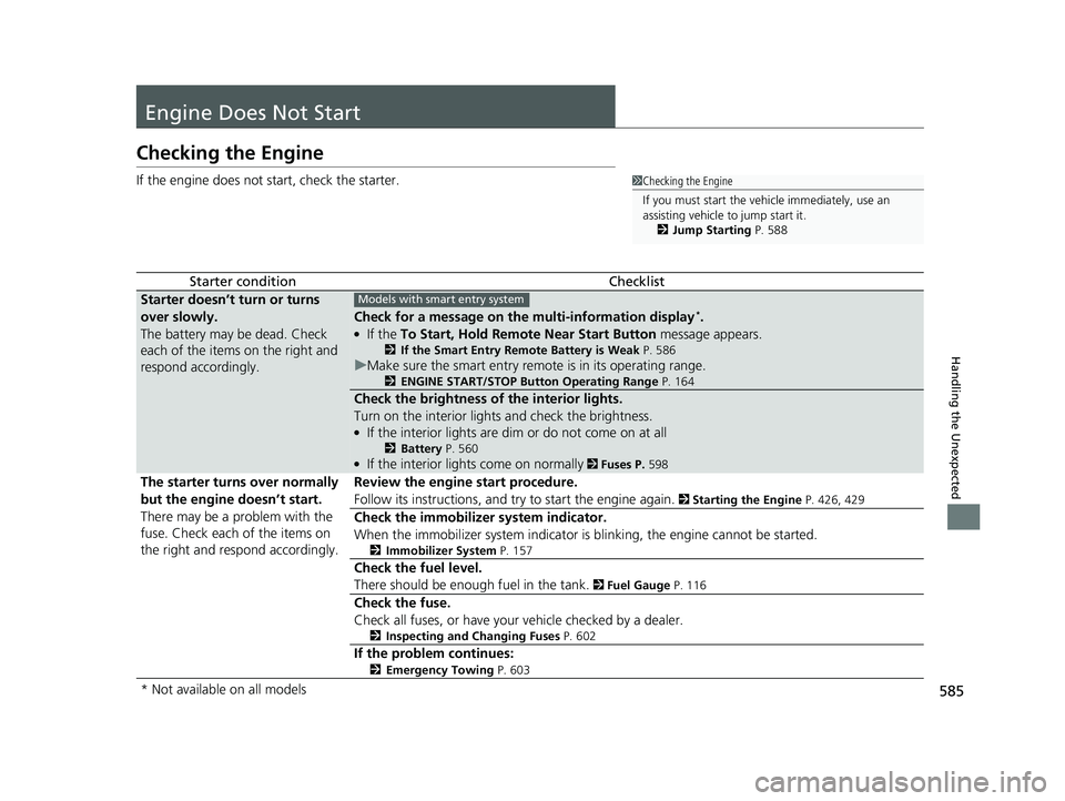 HONDA HR-V 2019 Owners Manual (in English) 585
Handling the Unexpected
Engine Does Not Start
Checking the Engine
If the engine does not start, check the starter.
Starter conditionChecklist
Starter doesn’t turn or turns
over slowly.
The batt HONDA HR-V 2019 Owners Manual (in English) 585
Handling the Unexpected
Engine Does Not Start
Checking the Engine
If the engine does not start, check the starter.
Starter conditionChecklist
Starter doesn’t turn or turns
over slowly.
The batt