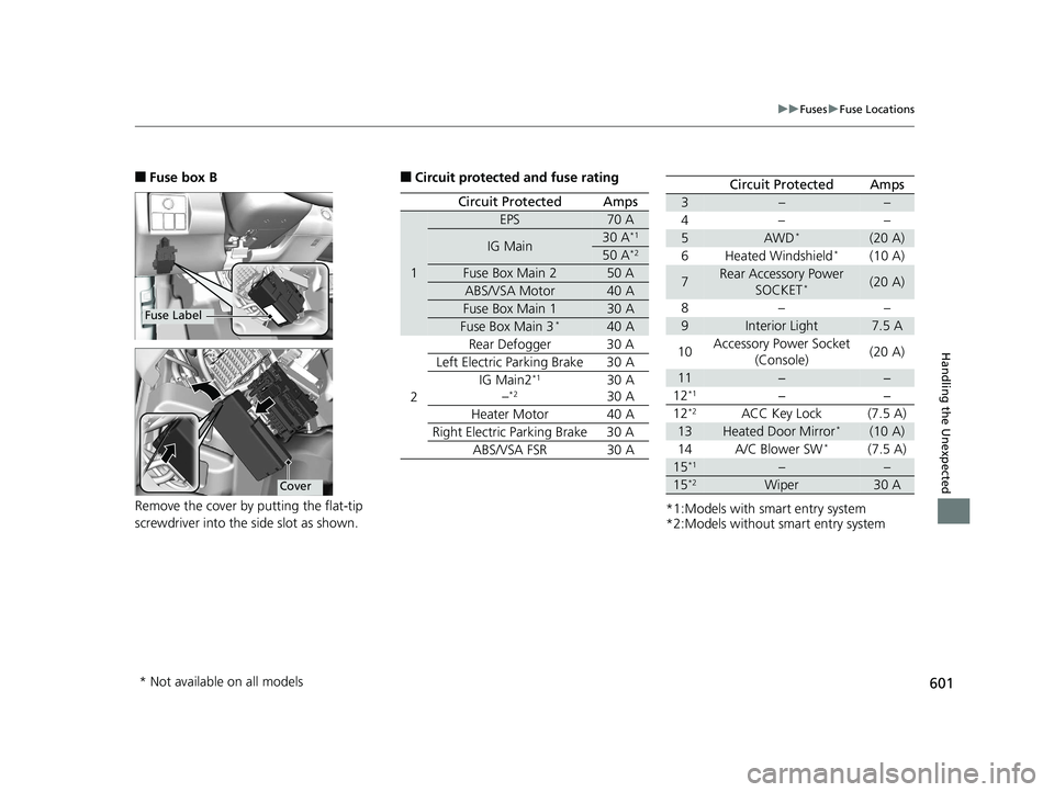 HONDA HR-V 2019 Owners Manual (in English) 601
uuFuses uFuse Locations
Handling the Unexpected
■Fuse box B
Remove the cover by putting the flat-tip
screwdriver into the side slot as shown.
Fuse Label
Cover
■Circuit protected and fuse rat HONDA HR-V 2019 Owners Manual (in English) 601
uuFuses uFuse Locations
Handling the Unexpected
■Fuse box B
Remove the cover by putting the flat-tip
screwdriver into the side slot as shown.
Fuse Label
Cover
■Circuit protected and fuse rat
