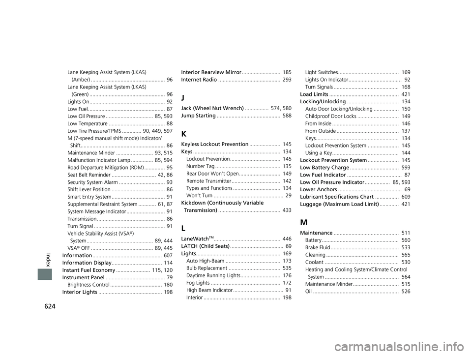 HONDA HR-V 2019  Owners Manual (in English) 624
Index
Lane Keeping Assist System (LKAS) (Amber) ..................................................  96
Lane Keeping Assist System (LKAS)  (Green) ..................................................