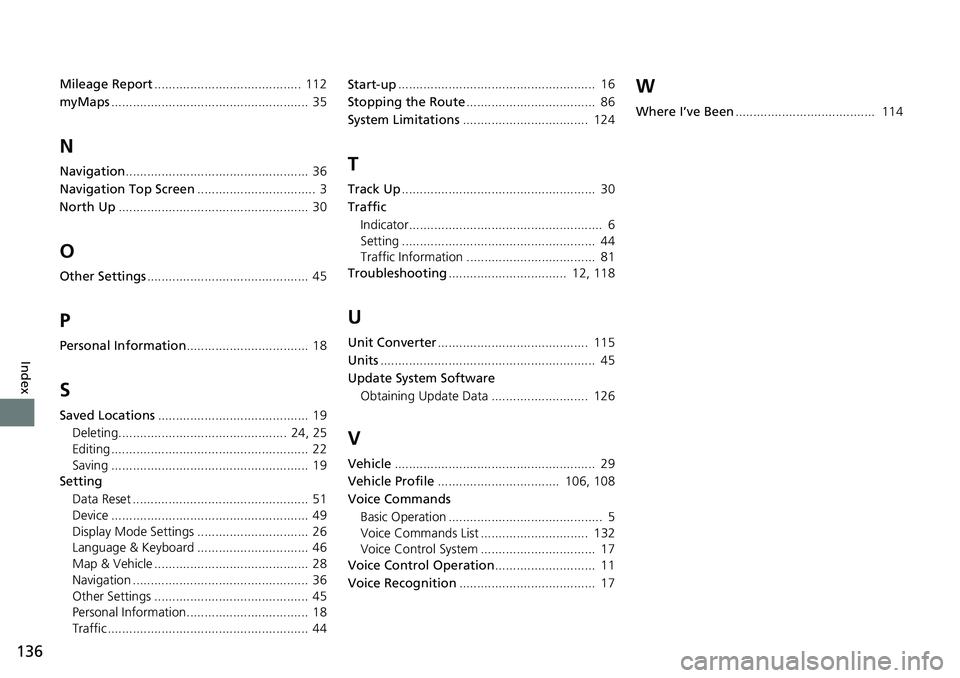 HONDA HR-V 2019 Navigation Manual (in English) 136
Index
Mileage Report......................................... 112
myMaps....................................................... 35
N
Navigation................................................... 3 HONDA HR-V 2019 Navigation Manual (in English) 136
Index
Mileage Report......................................... 112
myMaps....................................................... 35
N
Navigation................................................... 3