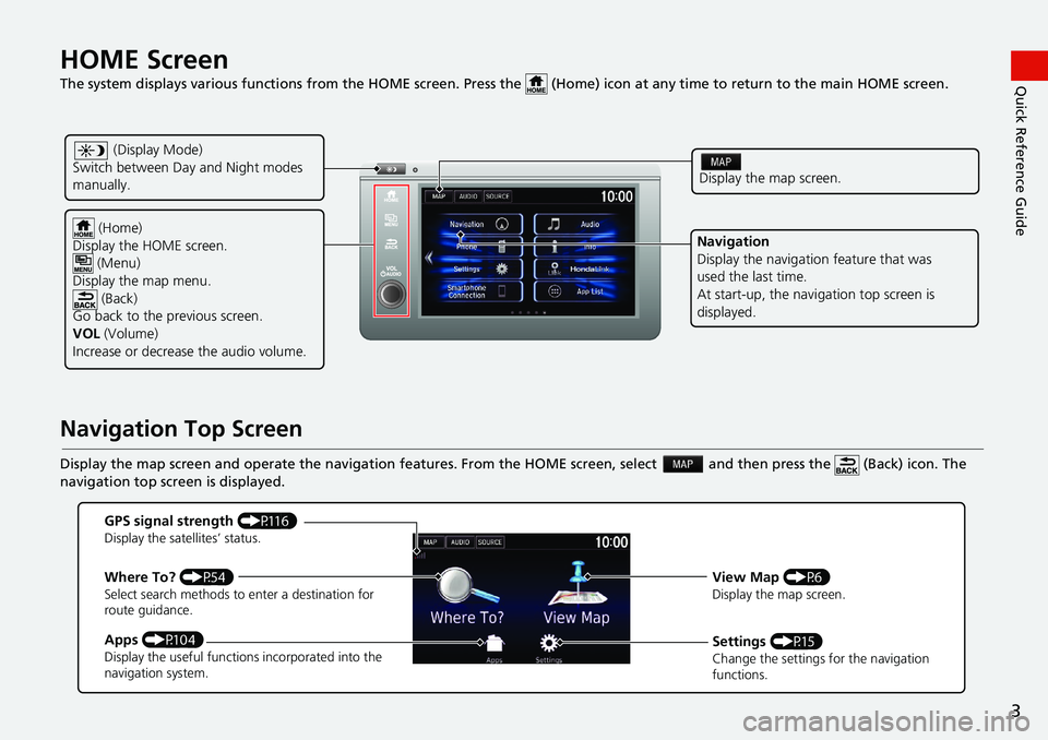 HONDA HR-V 2019 Navigation Manual (in English) 3
Quick Reference GuideHOME Screen
The system displays various functions from the HOME screen. Press the (Home) icon at any time to return to the main HOME screen.
Navigation Top Screen
Display t HONDA HR-V 2019 Navigation Manual (in English) 3
Quick Reference GuideHOME Screen
The system displays various functions from the HOME screen. Press the (Home) icon at any time to return to the main HOME screen.
Navigation Top Screen
Display t