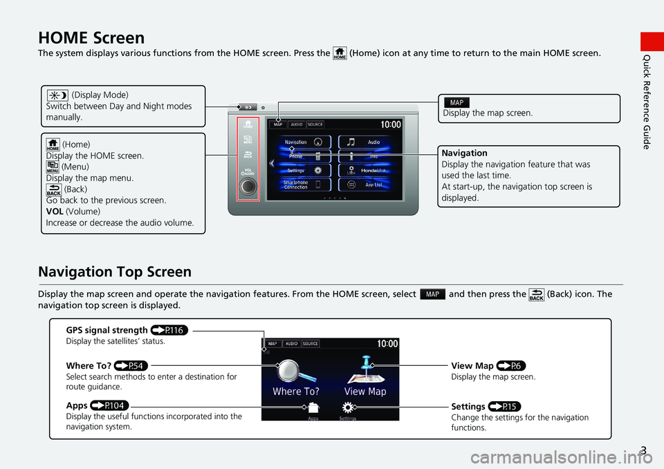 HONDA HR-V 2019  Navigation Manual (in English) 3
Quick Reference GuideHOME Screen   
The system displays various functions from the HOME screen. Press the   (Home) icon at any time to return to the main HOME screen.
Navigation Top Screen
Display t