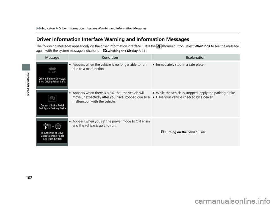 HONDA INSIGHT 2019 Owners Manual (in English) 102
uuIndicators uDriver Information Interface Wa rning and Information Messages
Instrument Panel
Driver Information Interface Warning and Information Messages
The following messages appear only on t HONDA INSIGHT 2019 Owners Manual (in English) 102
uuIndicators uDriver Information Interface Wa rning and Information Messages
Instrument Panel
Driver Information Interface Warning and Information Messages
The following messages appear only on t