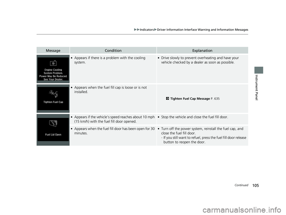 HONDA INSIGHT 2019 Owners Manual (in English) 105
uuIndicators uDriver Information Interface Wa rning and Information Messages
Continued
Instrument Panel
MessageConditionExplanation
●Appears if there is a problem with the cooling
system.●Dri HONDA INSIGHT 2019 Owners Manual (in English) 105
uuIndicators uDriver Information Interface Wa rning and Information Messages
Continued
Instrument Panel
MessageConditionExplanation
●Appears if there is a problem with the cooling
system.●Dri