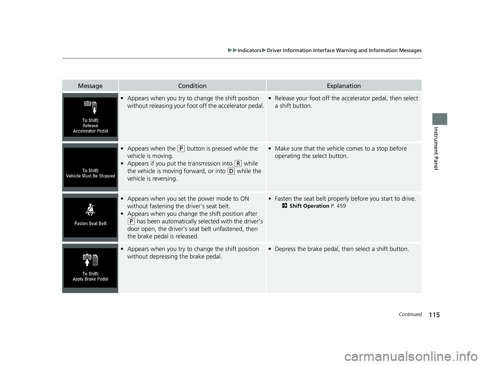 HONDA INSIGHT 2019 Owners Manual (in English) 115
uuIndicators uDriver Information Interface Wa rning and Information Messages
Continued
Instrument Panel
MessageConditionExplanation
•Appears when you try to change the shift position
without re HONDA INSIGHT 2019 Owners Manual (in English) 115
uuIndicators uDriver Information Interface Wa rning and Information Messages
Continued
Instrument Panel
MessageConditionExplanation
•Appears when you try to change the shift position
without re