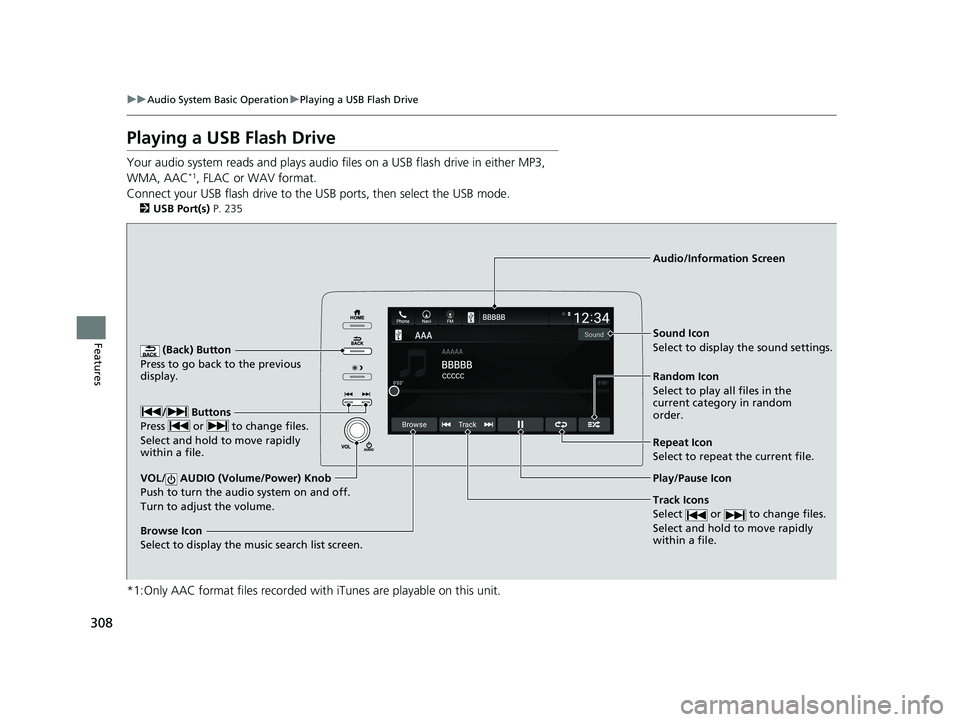 HONDA INSIGHT 2019  Owners Manual (in English) 308
uuAudio System Basic Operation uPlaying a USB Flash Drive
Features
Playing a USB Flash Drive
Your audio system reads and plays audio f iles on a USB flash drive in either MP3, 
WMA, AAC*1, FLAC or
