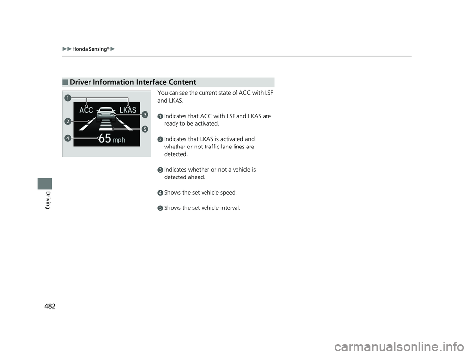 HONDA INSIGHT 2019 Owners Manual (in English) 482
uuHonda Sensing ®u
Driving
You can see the current state of ACC with LSF
and LKAS.
■Driver Information Interface Content
aIndicates that ACC with LSF and LKAS are
ready to be activated.
bIndi HONDA INSIGHT 2019 Owners Manual (in English) 482
uuHonda Sensing ®u
Driving
You can see the current state of ACC with LSF
and LKAS.
■Driver Information Interface Content
aIndicates that ACC with LSF and LKAS are
ready to be activated.
bIndi