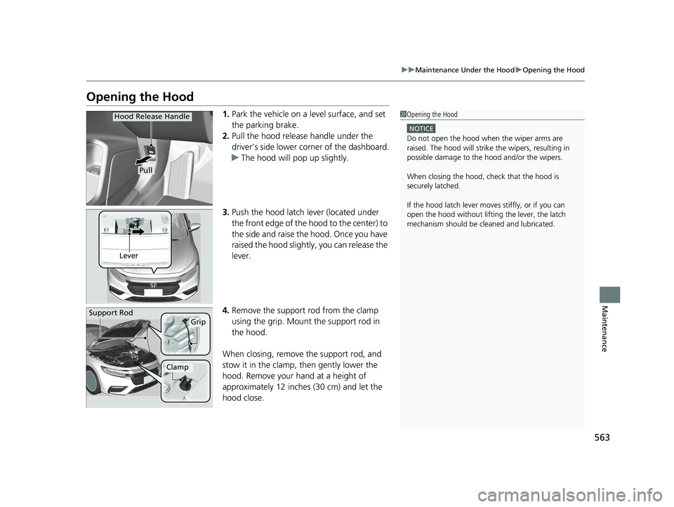 HONDA INSIGHT 2019 Owners Manual (in English) 563
uuMaintenance Under the Hood uOpening the Hood
Maintenance
Opening the Hood
1. Park the vehicle on a level surface, and set
the parking brake.
2. Pull the hood release handle under the
driver’ HONDA INSIGHT 2019 Owners Manual (in English) 563
uuMaintenance Under the Hood uOpening the Hood
Maintenance
Opening the Hood
1. Park the vehicle on a level surface, and set
the parking brake.
2. Pull the hood release handle under the
driver’
