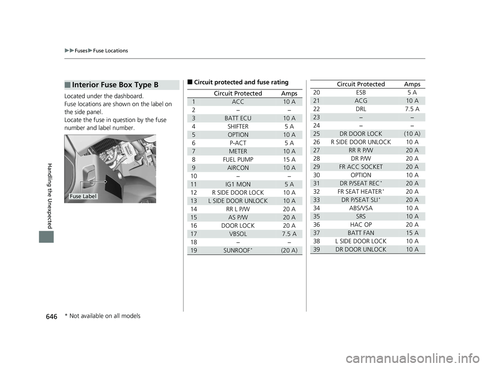 HONDA INSIGHT 2019 Owners Manual (in English) 646
uuFuses uFuse Locations
Handling the Unexpected
Located under the dashboard.
Fuse locations are shown on the label on
the side panel.
Locate the fuse in question by the fuse
number and label num HONDA INSIGHT 2019 Owners Manual (in English) 646
uuFuses uFuse Locations
Handling the Unexpected
Located under the dashboard.
Fuse locations are shown on the label on
the side panel.
Locate the fuse in question by the fuse
number and label num