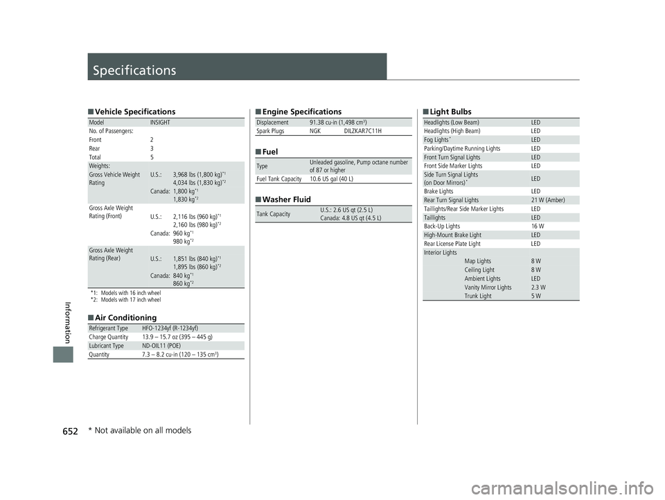 HONDA INSIGHT 2019 Owners Manual (in English) 652
Information
Specifications
■Vehicle Specifications
*1: Models with 16 inch wheel
*2: Models with 17 inch wheel
■Air Conditioning
ModelINSIGHT
No. of Passengers:
Front 2
Rear 3
Total 5
Weights: HONDA INSIGHT 2019 Owners Manual (in English) 652
Information
Specifications
■Vehicle Specifications
*1: Models with 16 inch wheel
*2: Models with 17 inch wheel
■Air Conditioning
ModelINSIGHT
No. of Passengers:
Front 2
Rear 3
Total 5
Weights: