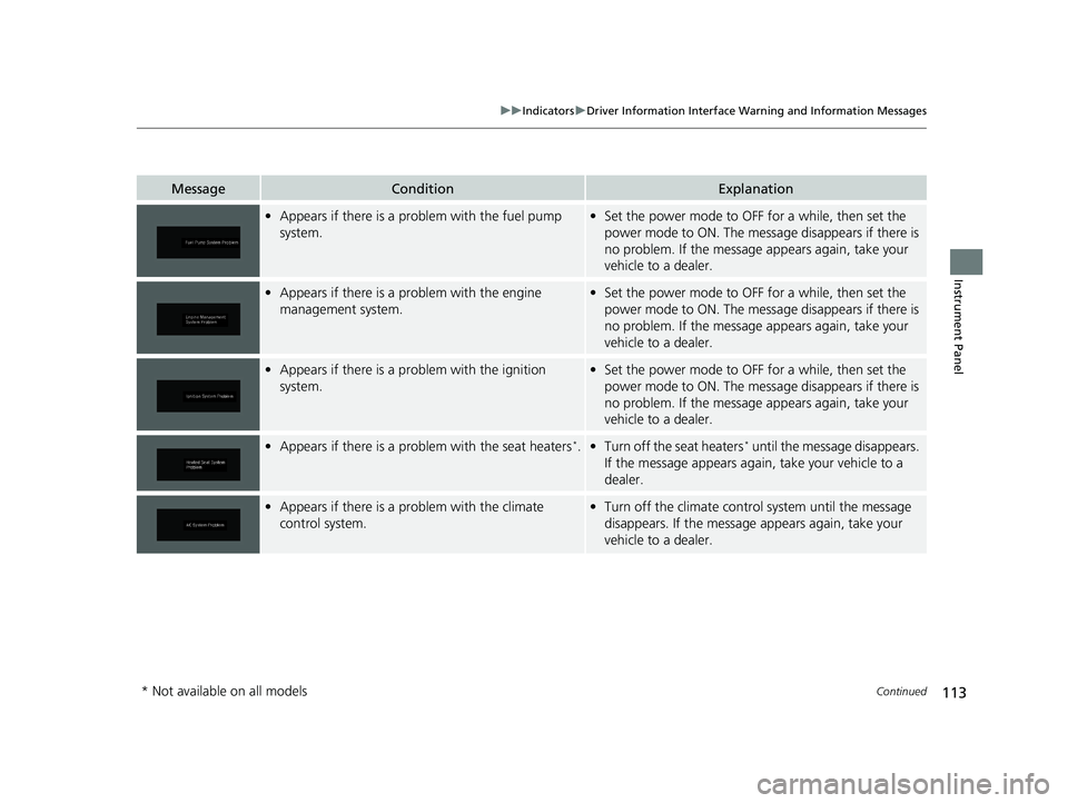 HONDA ODYSSEY 2019 Owners Manual (in English) 113
uuIndicators uDriver Information Interface Wa rning and Information Messages
Continued
Instrument Panel
MessageConditionExplanation
•Appears if there is a problem with the fuel pump
system.•S HONDA ODYSSEY 2019 Owners Manual (in English) 113
uuIndicators uDriver Information Interface Wa rning and Information Messages
Continued
Instrument Panel
MessageConditionExplanation
•Appears if there is a problem with the fuel pump
system.•S