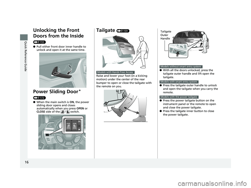 HONDA ODYSSEY 2019   (in English) User Guide 16
Quick Reference Guide
Unlocking the Front 
Doors from the Inside 
(P155)
●Pull either front door inner handle to 
unlock and open it at the same time.
Power Sliding Door* 
(P172)
●When the main