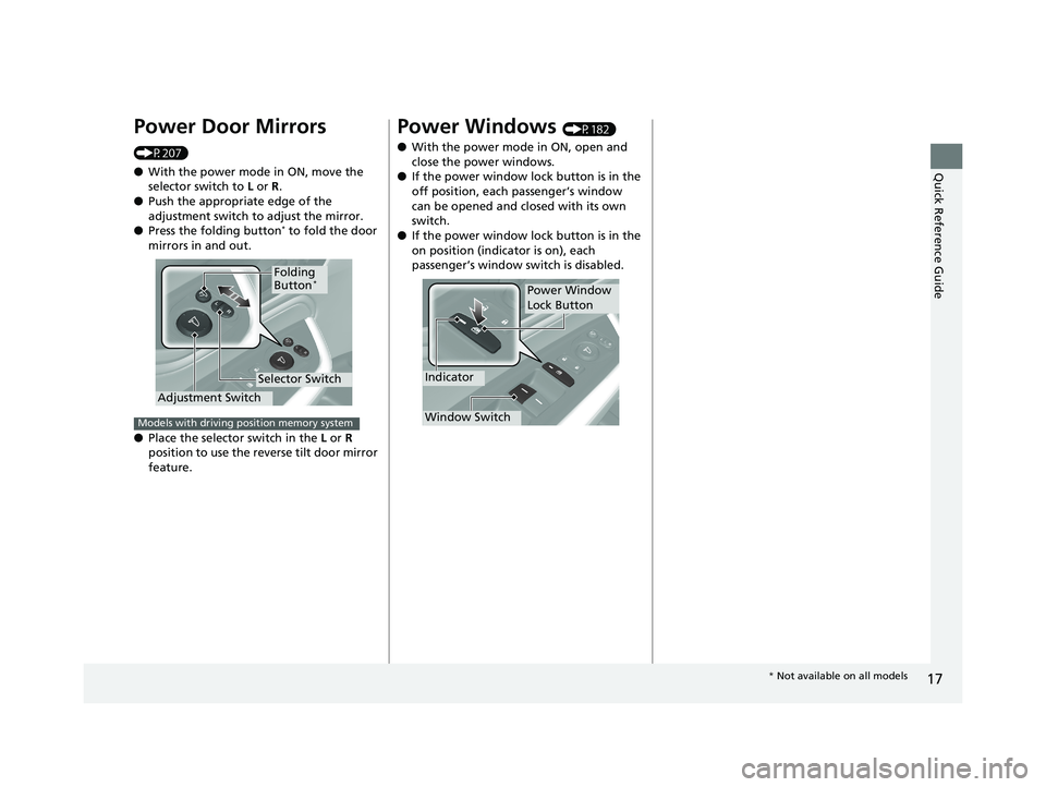 HONDA ODYSSEY 2019   (in English) User Guide 17
Quick Reference Guide
Power Door Mirrors 
(P207)
●With the power mode in ON, move the 
selector switch to  L or R .
● Push the appropriate edge of the 
adjustment switch to adjust the mirror.
�