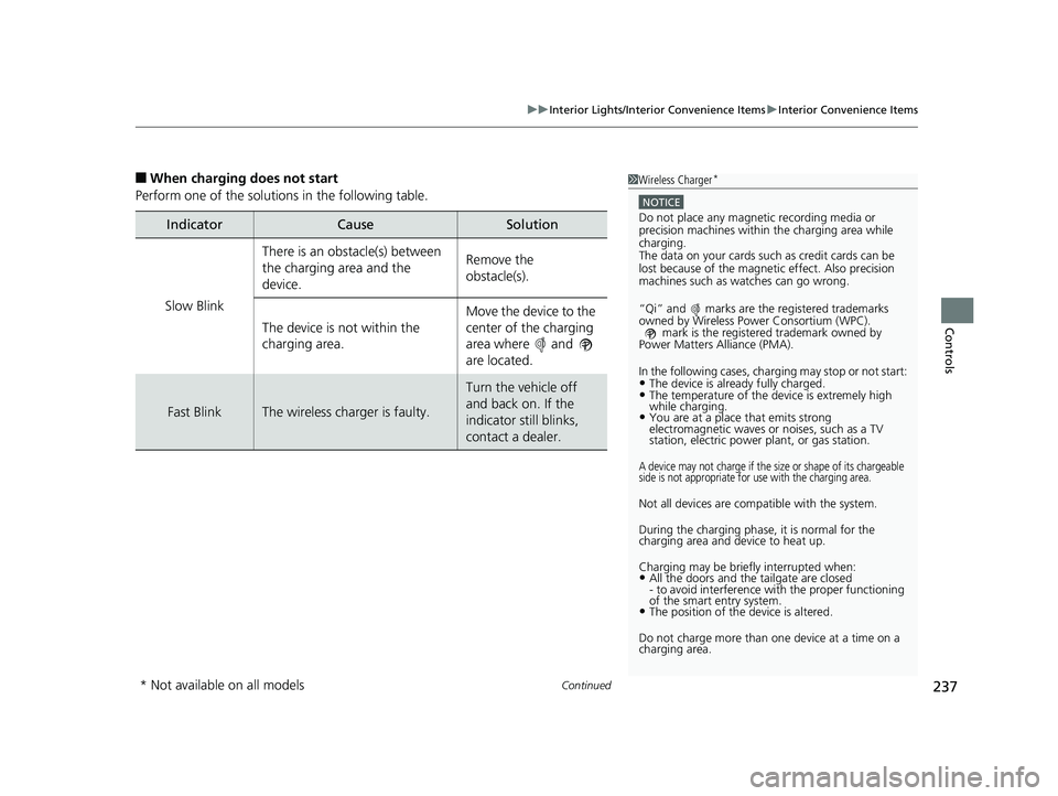 HONDA ODYSSEY 2019 Owners Manual (in English) Continued237
uuInterior Lights/Interior Convenience Items uInterior Convenience Items
Controls
■When charging does not start
Perform one of the solutions in the following table.
IndicatorCauseSoluti HONDA ODYSSEY 2019 Owners Manual (in English) Continued237
uuInterior Lights/Interior Convenience Items uInterior Convenience Items
Controls
■When charging does not start
Perform one of the solutions in the following table.
IndicatorCauseSoluti