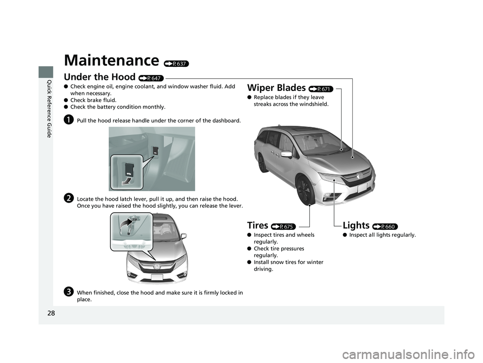 HONDA ODYSSEY 2019   (in English) Owners Guide 28
Quick Reference Guide
Maintenance (P637)
Under the Hood (P647)
● Check engine oil, engine coolant, and window washer fluid. Add 
when necessary.
● Check brake fluid.
● Check the battery condi