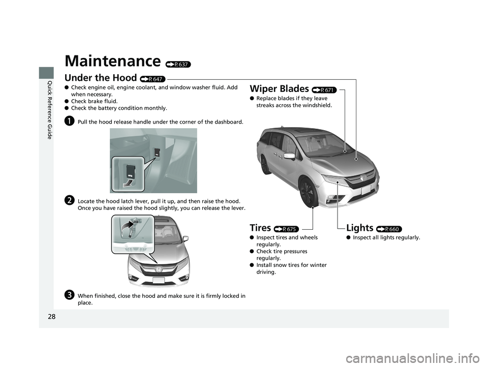 HONDA ODYSSEY 2019 (in English) Owners Guide 28
Quick Reference Guide
Maintenance (P637)
Under the Hood (P647)
● Check engine oil, engine coolant, and window washer fluid. Add
when necessary.
● Check brake fluid.
● Check the battery condi HONDA ODYSSEY 2019 (in English) Owners Guide 28
Quick Reference Guide
Maintenance (P637)
Under the Hood (P647)
● Check engine oil, engine coolant, and window washer fluid. Add
when necessary.
● Check brake fluid.
● Check the battery condi