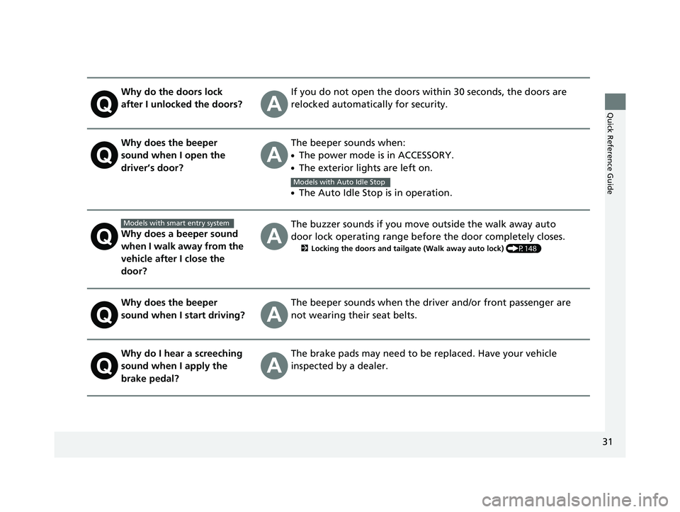 HONDA ODYSSEY 2019   (in English) Owners Guide 31
Quick Reference Guide
Why do the doors lock 
after I unlocked the doors?If you do not open the doors within 30 seconds, the doors are 
relocked automatically for security.
Why does the beeper 
soun