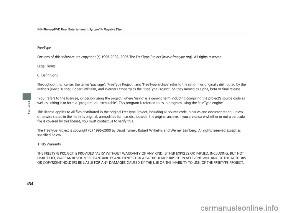 HONDA ODYSSEY 2019  Owners Manual (in English) 434
uuBlu-ray/DVD Rear Entertainment System*uPlayable Discs
Features
FreeType
Portions of this software ar e copyright (c) 1996-2002, 2006 The Fr eeType Project (www.freetype.org ). All rights reserve
