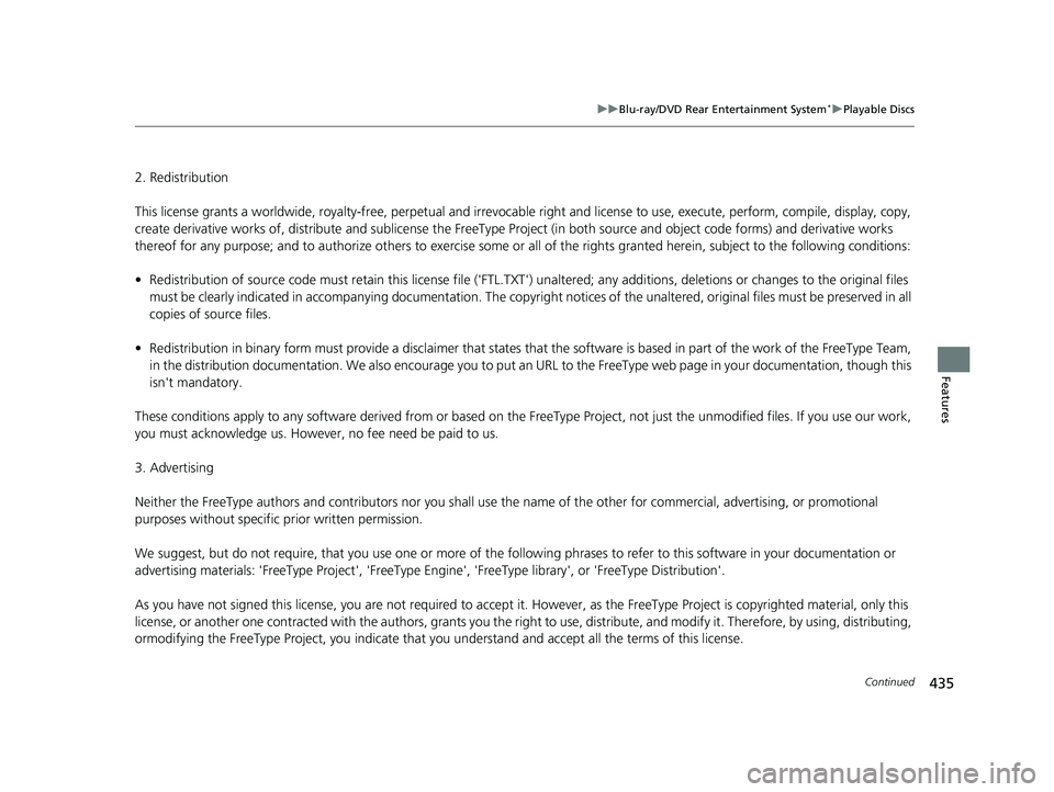 HONDA ODYSSEY 2019  Owners Manual (in English) 435
uuBlu-ray/DVD Rear Entertainment System*uPlayable Discs
Continued
Features
2. Redistribution
This license grants a worldwide, royalty-fr ee, perpetual and irrevocable right and license  to use, ex
