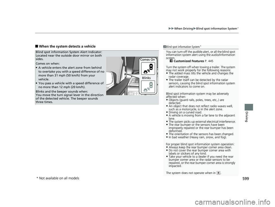 HONDA ODYSSEY 2019  Owners Manual (in English) 599
uuWhen Driving uBlind spot information System*
Driving
■When the system detects a vehicle1Blind spot information System*
You can turn off the audible al ert, or all the blind spot 
information s