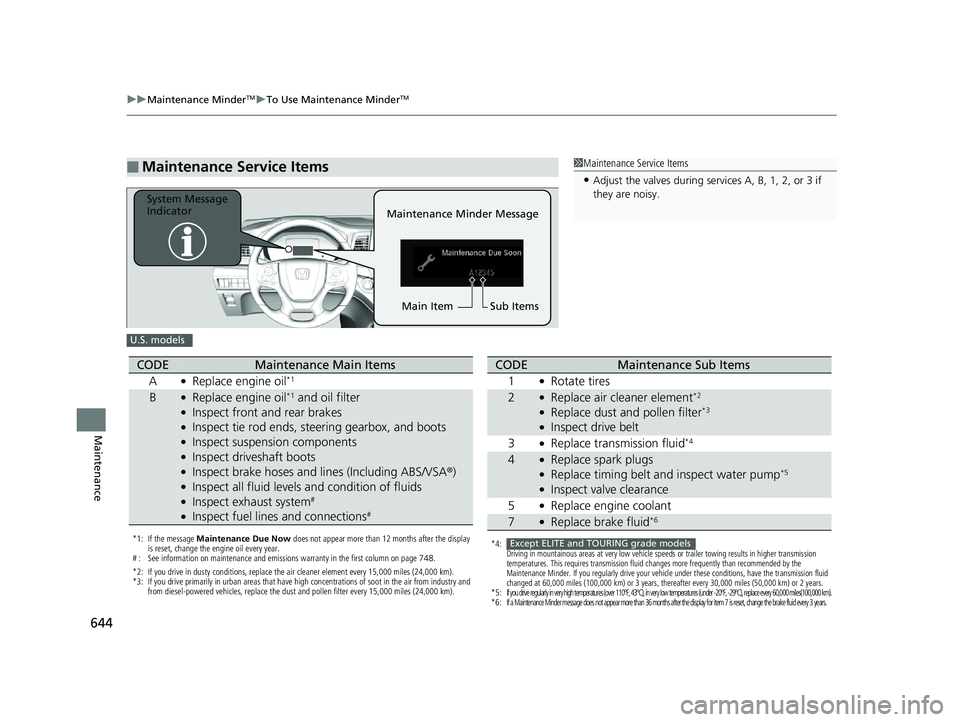 HONDA ODYSSEY 2019  Owners Manual (in English) 644
uuMaintenance MinderTMuTo Use Maintenance MinderTM
Maintenance
■Maintenance Service Items1Maintenance Service Items
•Adjust the valves during services A, B, 1, 2, or 3 if 
they are noisy.
Main