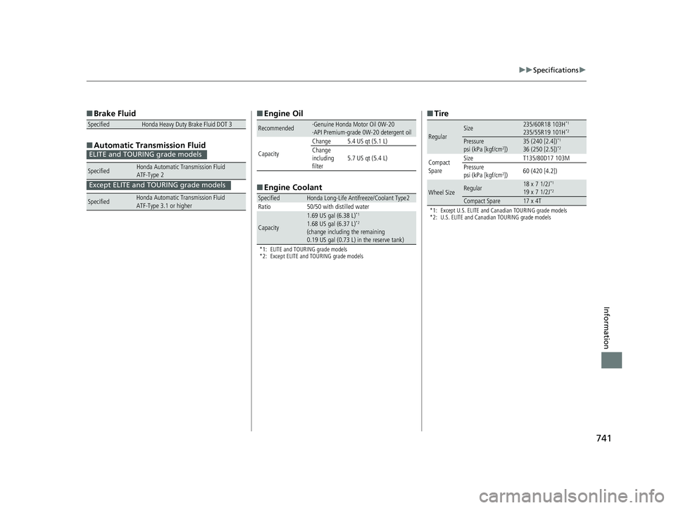 HONDA ODYSSEY 2019   (in English) User Guide 741
uuSpecifications u
Information
■Brake Fluid
■ Automatic Transmission Fluid
SpecifiedHonda Heavy Duty Brake Fluid DOT 3
SpecifiedHonda Automatic Transmission Fluid 
ATF-Type 2
SpecifiedHonda Au