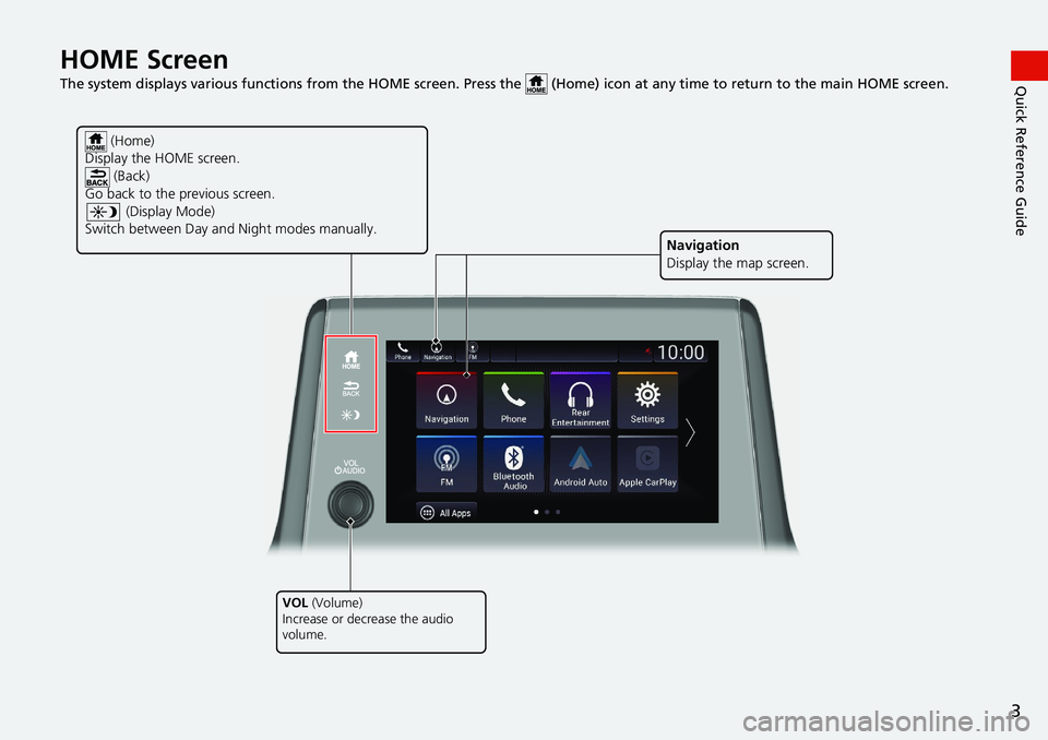 HONDA ODYSSEY 2019  Navigation Manual (in English) 3
Quick Reference GuideHOME Screen   
The system displays various functions from the HOME screen. Press the   (Home) icon at  any time to return to the main HOME screen.
 (Home)
Display the HOME scree