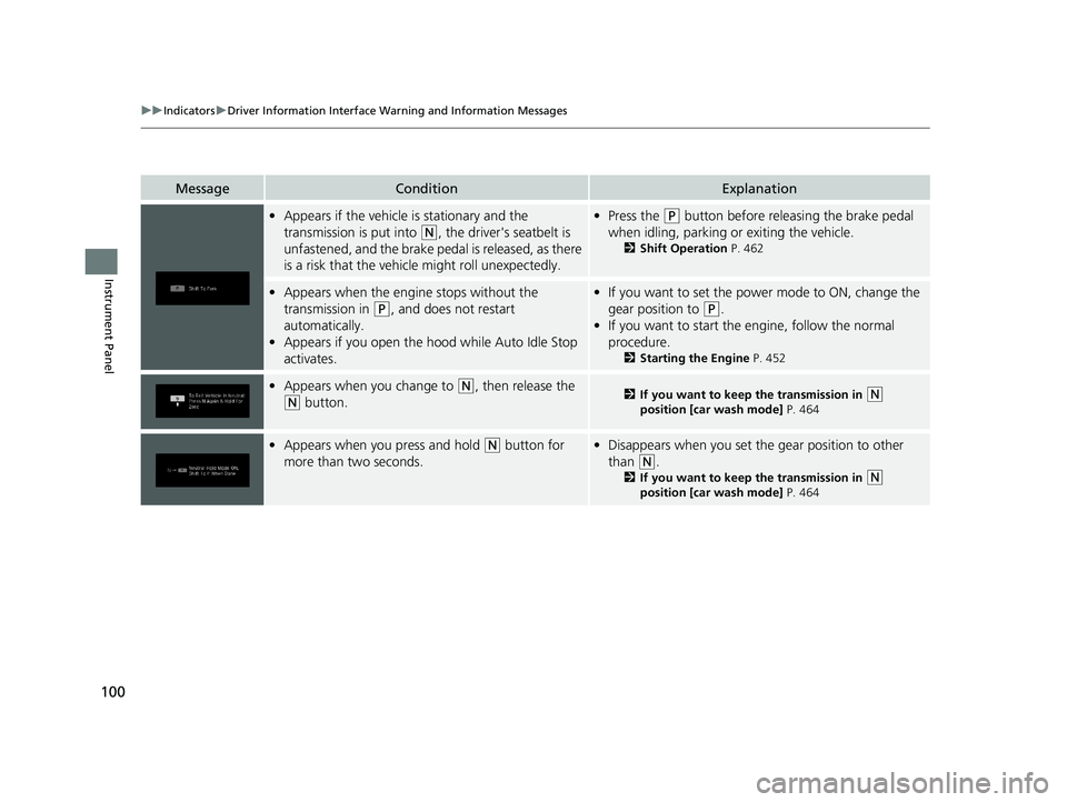 HONDA PASSPORT 2019 Owners Manual (in English) 100
uuIndicators uDriver Information Interface Wa rning and Information Messages
Instrument Panel
MessageConditionExplanation
•Appears if the vehicle is stationary and the
transmission is put into HONDA PASSPORT 2019 Owners Manual (in English) 100
uuIndicators uDriver Information Interface Wa rning and Information Messages
Instrument Panel
MessageConditionExplanation
•Appears if the vehicle is stationary and the
transmission is put into