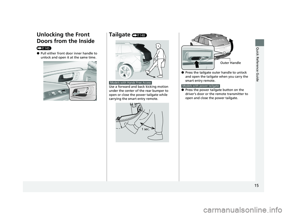 HONDA PASSPORT 2019 (in English) User Guide 15
Quick Reference Guide
Unlocking the Front
Doors from the Inside
(P145)
●Pull either front door inner handle to
unlock and open it at the same time.
Tailgate (P148)
Use a forward and back kicki HONDA PASSPORT 2019 (in English) User Guide 15
Quick Reference Guide
Unlocking the Front
Doors from the Inside
(P145)
●Pull either front door inner handle to
unlock and open it at the same time.
Tailgate (P148)
Use a forward and back kicki