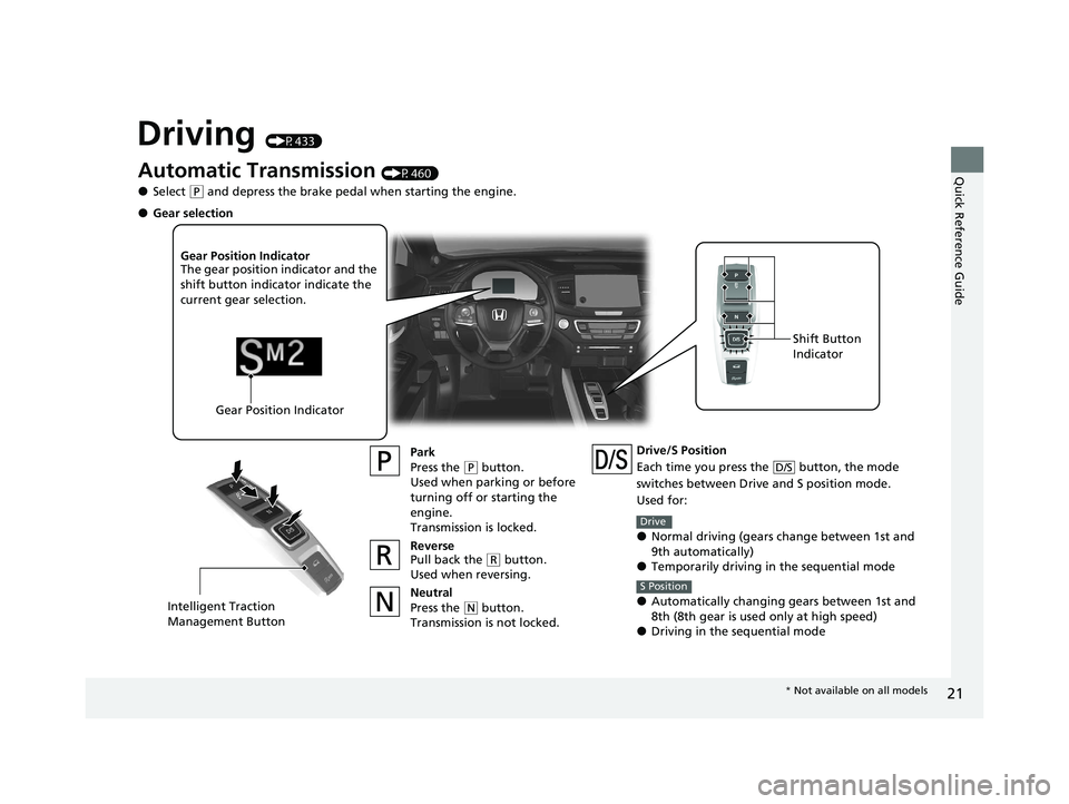 HONDA PASSPORT 2019 (in English) Owners Guide 21
Quick Reference Guide
Driving (P433)
Automatic Transmission (P460)
●Select (P and depress the brake pedal when starting the engine.
Park
Press the
(P button.
Used when parking or before
turning HONDA PASSPORT 2019 (in English) Owners Guide 21
Quick Reference Guide
Driving (P433)
Automatic Transmission (P460)
●Select (P and depress the brake pedal when starting the engine.
Park
Press the
(P button.
Used when parking or before
turning