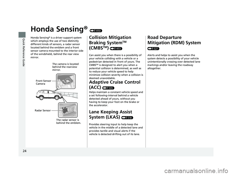 HONDA PASSPORT 2019   (in English) Owners Guide 24
Quick Reference Guide
Honda Sensing® (P490)
Honda Sensing ® is a driver support system 
which employs the use of two distinctly 
different kinds of sensors, a radar sensor 
located behind the emb