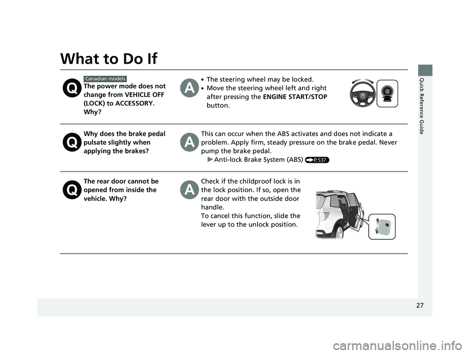 HONDA PASSPORT 2019   (in English) Owners Guide 27
Quick Reference Guide
What to Do If
The power mode does not 
change from VEHICLE OFF 
(LOCK) to ACCESSORY. 
Why?
●The steering wheel may be locked.
●Move the steering wheel left and right 
afte