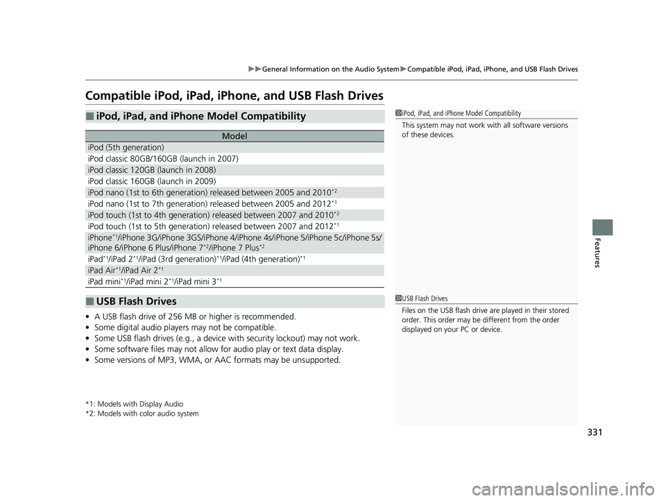 HONDA PASSPORT 2019  Owners Manual (in English) 331
uuGeneral Information on the Audio System uCompatible iPod, iPad, iPhone, and USB Flash Drives
Features
Compatible iPod, iPad, iP hone, and USB Flash Drives
•A USB flash drive of 256 MB or highe