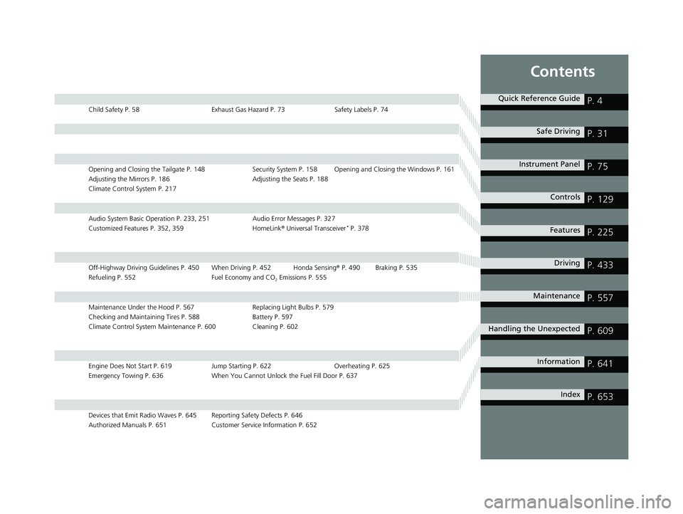 HONDA PASSPORT 2019  Owners Manual (in English) Contents
Child Safety P. 58Exhaust Gas Hazard P. 73Safety Labels P. 74
Opening and Closing the Tailgate P. 148 Security System P. 158 Opening and Closing the Windows P. 161
Adjusting the Mirrors P. 18