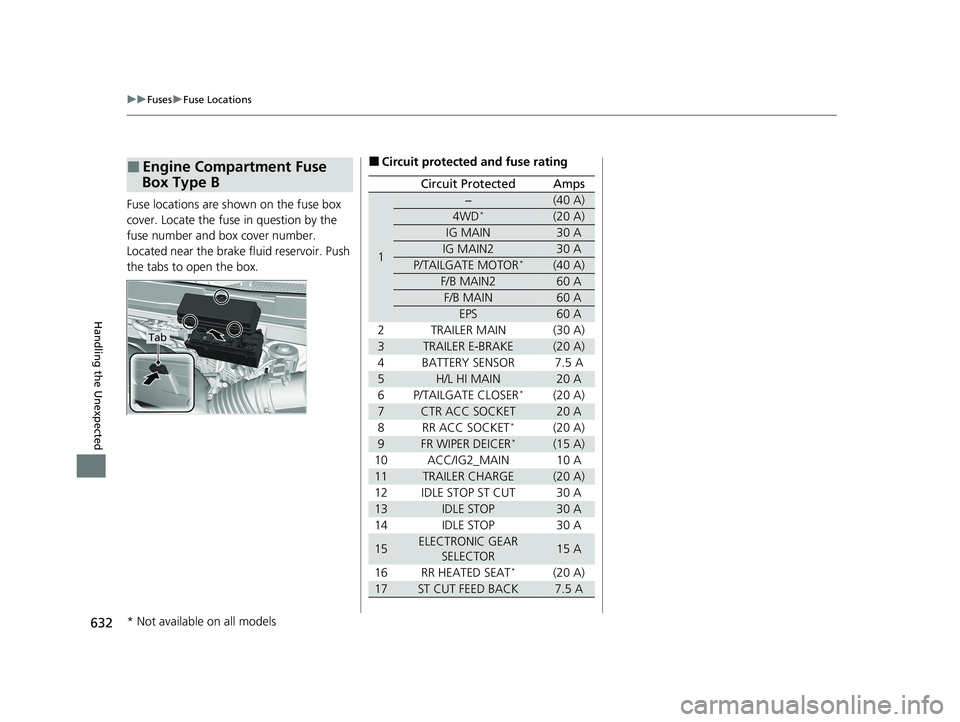 HONDA PASSPORT 2019 Owners Manual (in English) 632
uuFuses uFuse Locations
Handling the Unexpected
Fuse locations are shown on the fuse box
cover. Locate the fuse in question by the
fuse number and box cover number.
Located near the brake fluid HONDA PASSPORT 2019 Owners Manual (in English) 632
uuFuses uFuse Locations
Handling the Unexpected
Fuse locations are shown on the fuse box
cover. Locate the fuse in question by the
fuse number and box cover number.
Located near the brake fluid