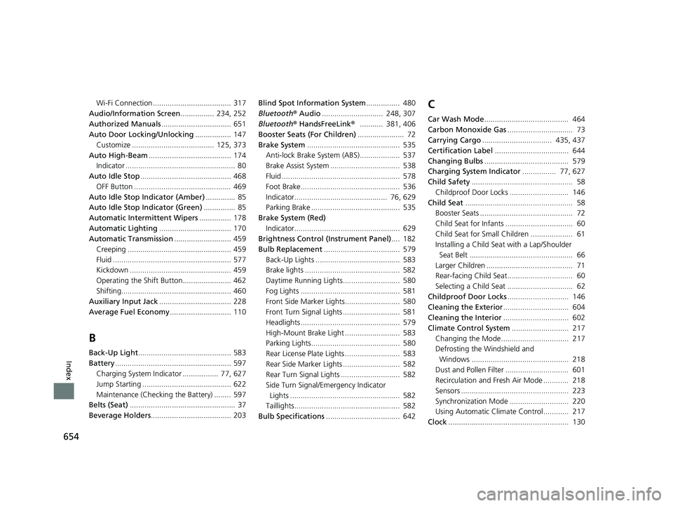 HONDA PASSPORT 2019  Owners Manual (in English) 654
Index
Wi-Fi Connection ..................................... 317
Audio/Information Screen ................  234, 252
Authorized Manuals ................................. 651
Auto Door Locking/Unlo