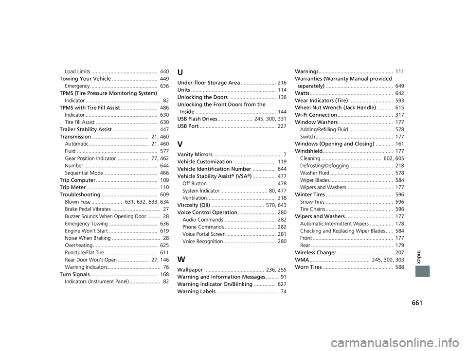 HONDA PASSPORT 2019  Owners Manual (in English) 661
Index
Load Limits .............................................  440
Towing Your Vehicle ...............................  449
Emergency ..............................................  636
TPMS (Ti