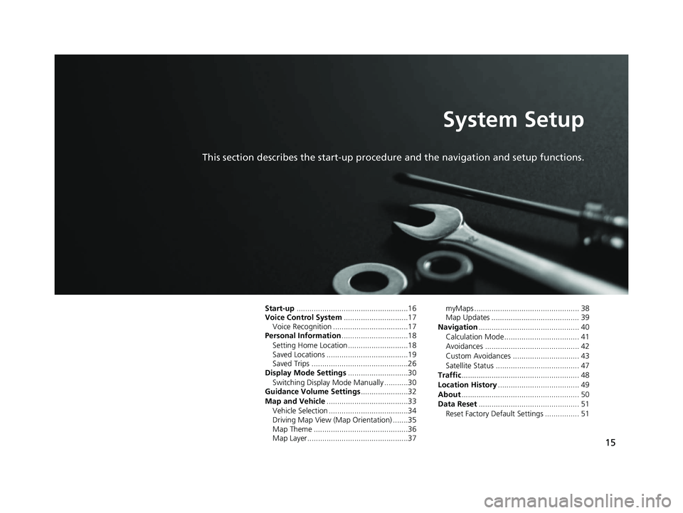 HONDA PASSPORT 2019 Navigation Manual (in English) 15
System Setup
This section describes the start-up procedure and the navigation and setup functions.
Start-up....................................................16
Voice Control System .............. HONDA PASSPORT 2019 Navigation Manual (in English) 15
System Setup
This section describes the start-up procedure and the navigation and setup functions.
Start-up....................................................16
Voice Control System ..............