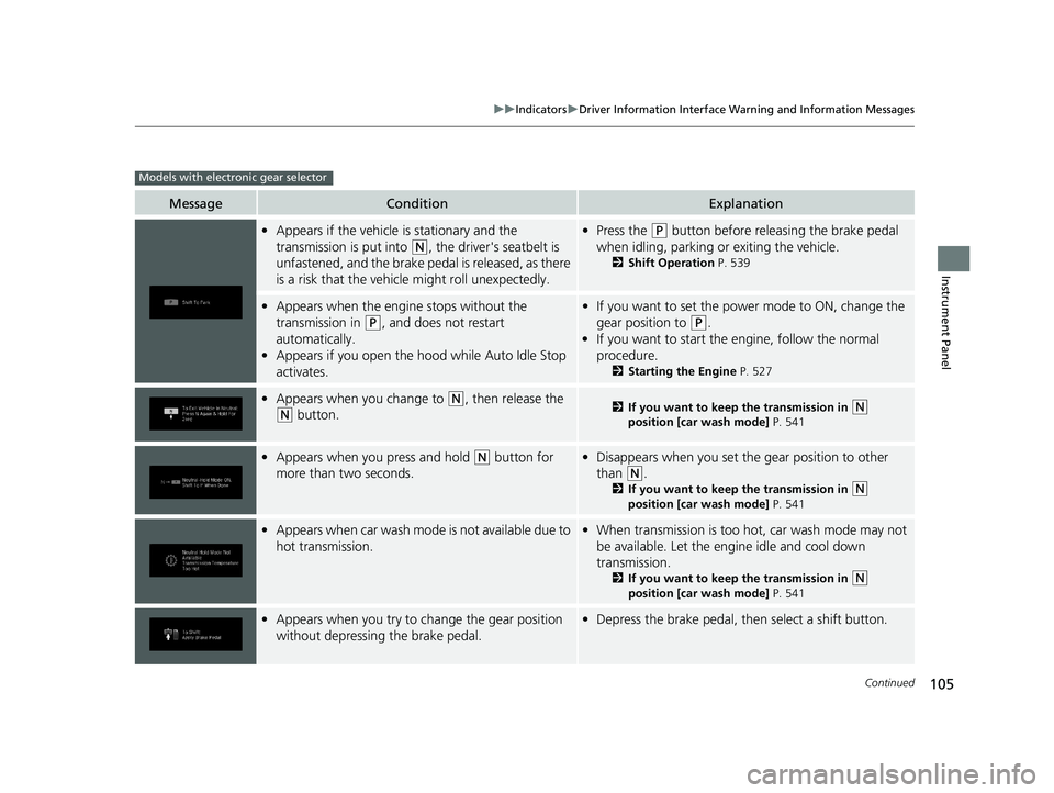 HONDA PILOT 2019 Owners Manual (in English) 105
uuIndicators uDriver Information Interface Wa rning and Information Messages
Continued
Instrument Panel
MessageConditionExplanation
•Appears if the vehicle is stationary and the
transmission is HONDA PILOT 2019 Owners Manual (in English) 105
uuIndicators uDriver Information Interface Wa rning and Information Messages
Continued
Instrument Panel
MessageConditionExplanation
•Appears if the vehicle is stationary and the
transmission is