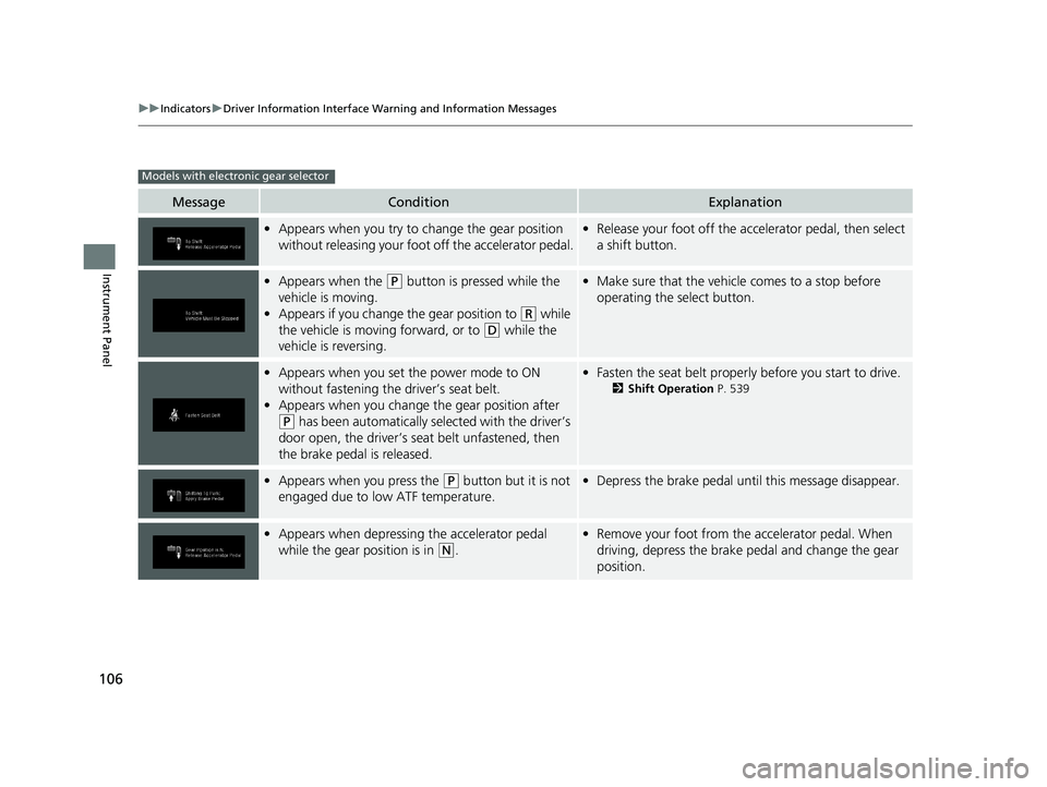 HONDA PILOT 2019  Owners Manual (in English) 106
uuIndicators uDriver Information Interface Wa rning and Information Messages
Instrument Panel
MessageConditionExplanation
•Appears when you try to  change the gear position 
without releasing yo