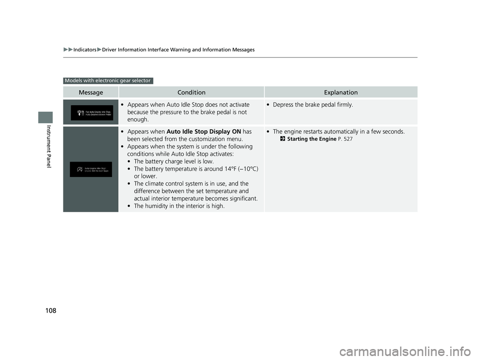 HONDA PILOT 2019 Owners Manual (in English) 108
uuIndicators uDriver Information Interface Wa rning and Information Messages
Instrument Panel
MessageConditionExplanation
•Appears when Auto Idle Stop does not activate
because the pressure to HONDA PILOT 2019 Owners Manual (in English) 108
uuIndicators uDriver Information Interface Wa rning and Information Messages
Instrument Panel
MessageConditionExplanation
•Appears when Auto Idle Stop does not activate
because the pressure to